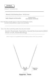 Detailed view of S925 sterling silver butterfly pendant with size measurements and zirconia
