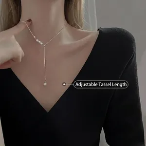 Elegant S925 silver pearl Y-shaped necklace with adjustable tassel fringe chain