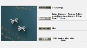 Macro shot of S925 sterling silver bow earrings with zircon stones and detailed dimensions