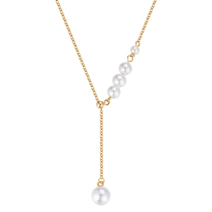 Minimalist Y-shaped sterling silver necklace with five white pearls on a gold chain