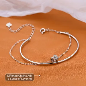 Double-layer S925 sterling silver bracelet with pavé crystal spiral slider and heart charm