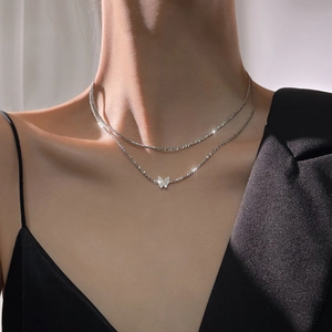 Sparkling 925 silver double layer butterfly necklace for women with zircon crystals