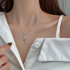 Collier Pendentif Étoile et Lune en Cuivre Plaque Argent Sterling S925 Élégant Avec Gland en Zircone Bijoux pour Femmes