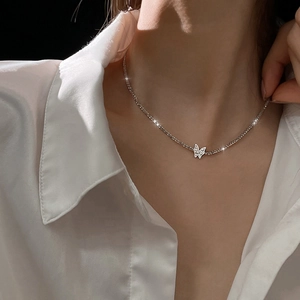Elegant 925 sterling silver butterfly pendant necklace with sparkling zircon on a thin chain