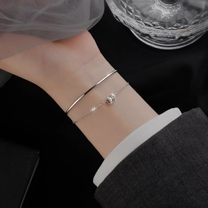Double-layered S925 sterling silver bangle and chain bracelet with waist ring pendant