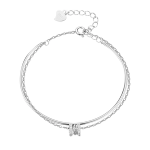 S925 sterling silver double-layer bracelet with waist rings and heart pendant on white background