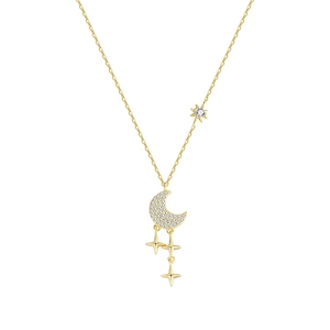 Élégant collier lune et étoile en argent S925 doré avec des pierres de zircone brillantes