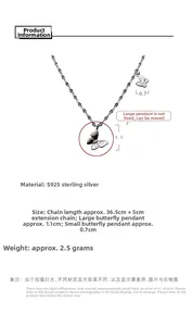 Detail of S925 sterling silver double butterfly necklace with precise size measurements
