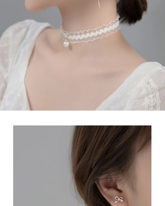 Boucles d'oreilles nœud en argent s925 et ras du cou en dentelle avec pendentif perle