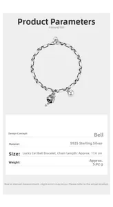 Detail showing S925 sterling silver Lucky Cat bell bracelet with parameters and dimensions