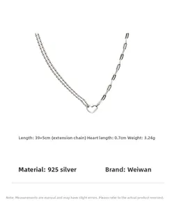 Detailansicht der S925 Sterlingsilber Herz Halskette mit asymmetrischer Kette und Maßen