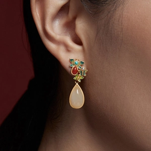 Vintage Ethnic Butterfly Flower Stud Earrings Gold Plated Copper Enamel White Faux Jade Water Drop Pendants Jewelry Women