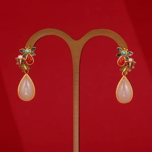 Ethnic 925 silver Hetian jade drop earrings with cloisonne butterfly and floral details
