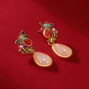 Ethnic style butterfly earrings with Hetian jade teardrop and cloisonne enamel details