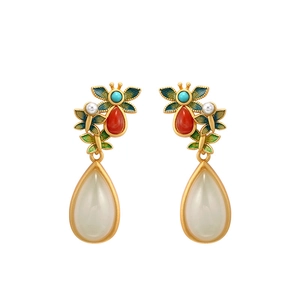 Ethnic style butterfly earrings with Hetian jade teardrop and cloisonne enamel details