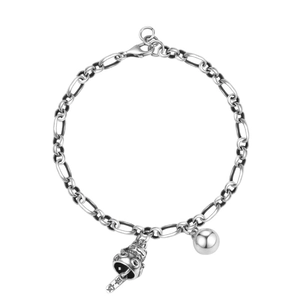 S925 Sterling Silver Lucky Cat Bell Bracelet with Figaro Chain and Peace Charm for Women