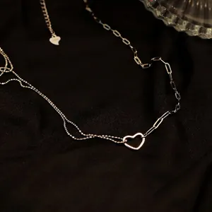 S925 Sterling Silber Halskette mit asymmetrischem Herzanhänger und Büroklammerkette