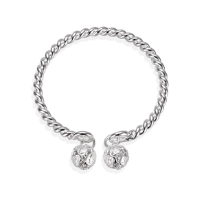 Silver twisted rope open bangle featuring dual hollow bells with star patterns