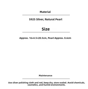 Specifications of S925 silver pearl bracelet showing 20.5cm length and 0.6cm pearl diameter