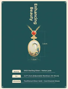 Detail showing S925 silver Hetian jade pendant dimensions 3.0x1.5cm with gold enamel