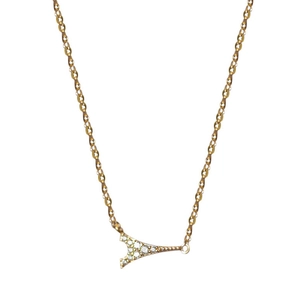 Elegant gold Eiffel Tower pendant necklace with sparkling inlaid stones on white background
