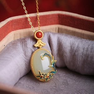Vintage Chinese Style Enamel Floral Artificial Hetian Jade Pendant Necklace Gold Plated Copper Jewelry For Women