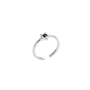 Adjustable silver flower ring featuring a black cubic zirconia center on white background