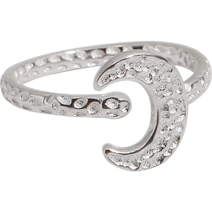 Minimalist silver moon ring with textured hammered finish and open adjustable design
