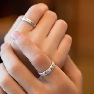Bagues de Couple en Cuivre avec Écriture Sigillaire Chinoise Vintage Couleur Argent Électroplaqué Bague Ouverte Réglable pour Homme Femme