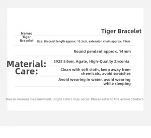 Detailed size specifications for Tiger Bracelet in S925 silver with agate and CZ stones