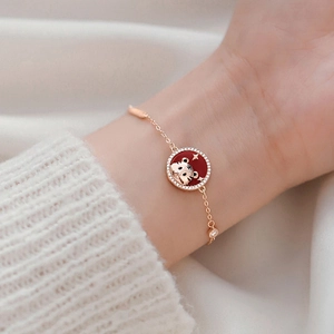 925 Sterling Silver Tiger Bracelet Rose Gold Plated Red Agate Zirconia Zodiac Lucky Animal Charm Bracelet For Women Jewelry