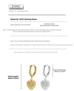 Spécifications de taille détaillées pour les boucles d'oreilles cœur mat or et argent