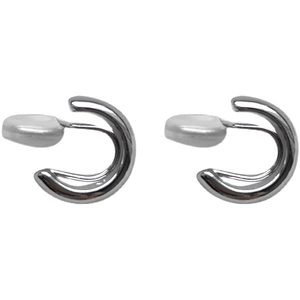 Minimalist silver C-shaped ear cuffs with polished metal finish on white background