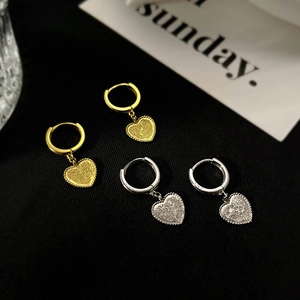 Boucles d'Oreilles Créoles Pendantes Cœur Vintage Français Avec Tige en Argent Sterling 925 Cuivre Plaqué Or Givré Bijoux Femme