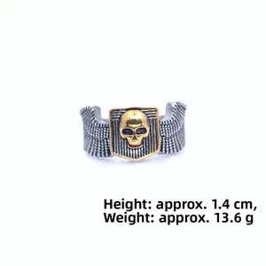 Gothic titanium steel skull ring with silver wings and golden skull center relief