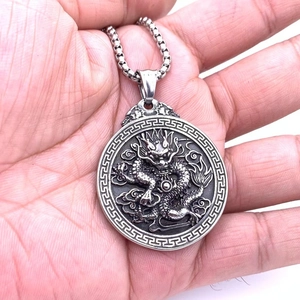Vintage titanium steel dragon pendant necklace with round medallion on square box chain