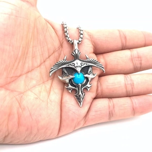 Retro titanium steel necklace with eagle pendant and turquoise inlay on a square pearl chain