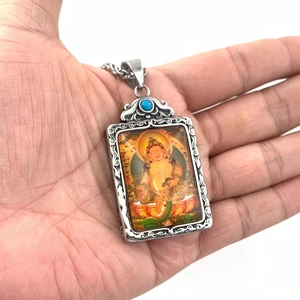 Collier en acier inoxydable avec pendentif Thangka bouddhiste coloré et perle bleue