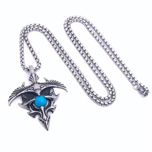 Vintage titanium steel eagle wings pendant with blue turquoise stone on box chain necklace