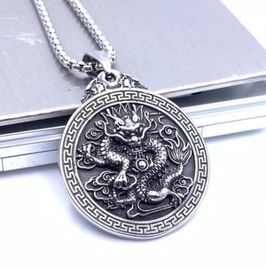 Vintage Titanium Steel Chinese Dragon Pendant Necklace For Men Hip Hop Medallion Round Relief Coin Jewelry Ethnic Sweater Chain