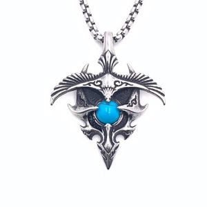 Vintage Titanium Steel Flying Eagle Pendant Necklace For Men Antique Silver Tribal Totem Artificial Turquoise Hip Hop Jewelry