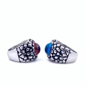 Vintage stainless steel devil's eye rings with red and blue tiger eye stones