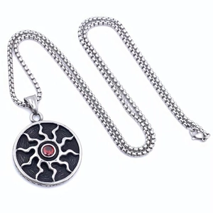 Retro sunflower pendant necklace with red gemstone and oxidized steel finish