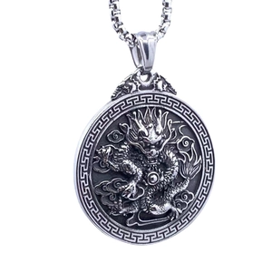 Retro titanium steel dragon pendant necklace with round relief and box chain