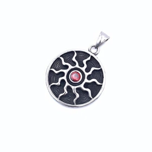 Vintage stainless steel sun pendant necklace with a central red zircon and silver finish