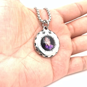 Titanium steel praying hands pendant necklace with silver box chain for men