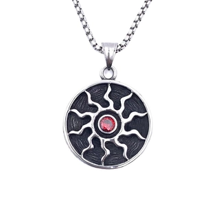 Retro titanium steel sunflower necklace with red zircon pendant and square pearl chain