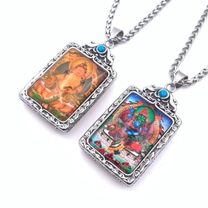 Collier pendentif Bouddha Thangka tibétain avec incrustation turquoise et chaîne acier