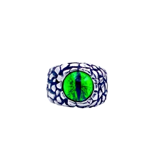 Vintage punk devil eye ring with green tiger eye stone and crackle texture steel