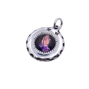 Vintage titanium steel praying hands pendant necklace with silver bird hollow frame